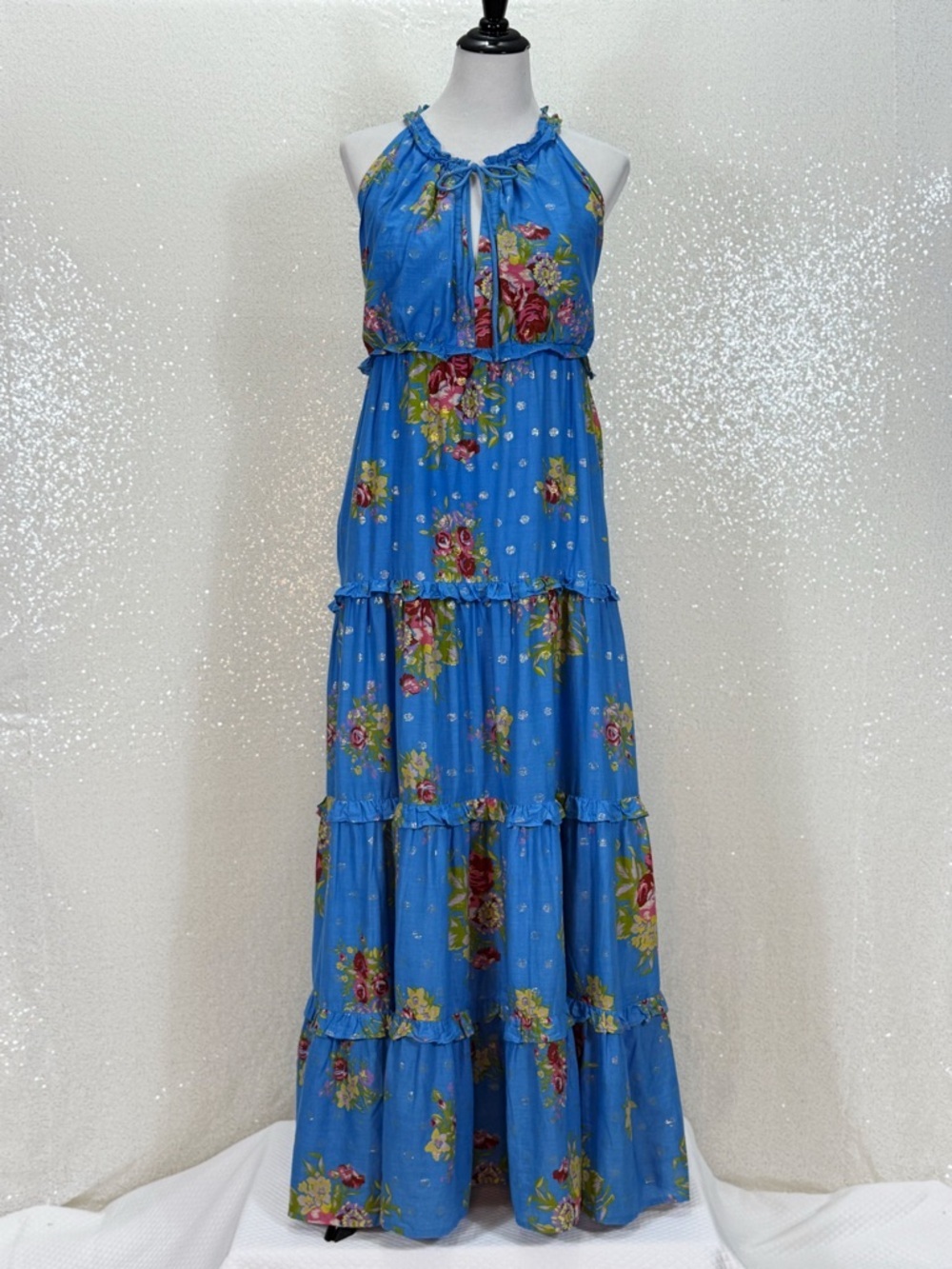 House of Harlow 1960 Blue Floral Maxi Dress Boho Tiered Ruffle Halter Feminine - Picture 5 of 16